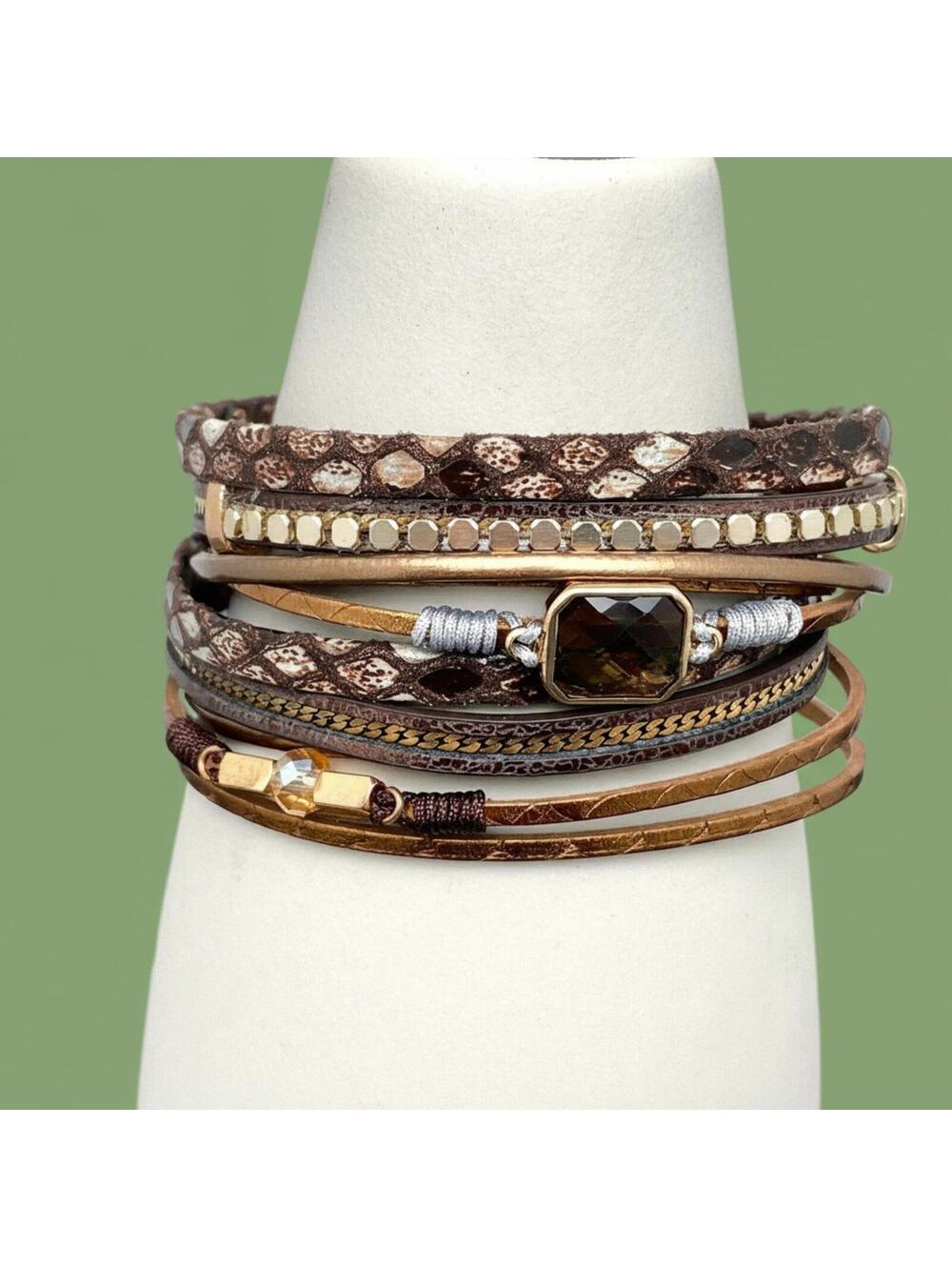 Brown Leather and Beaded Wrap Bracelet
